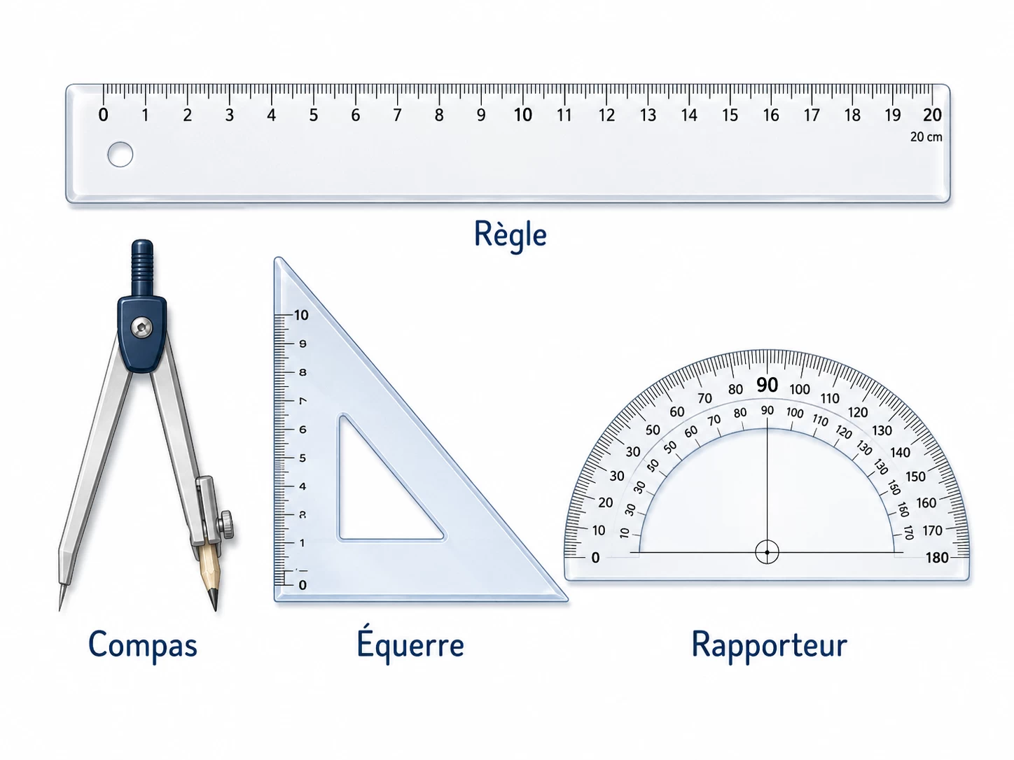 Règle, compas, rapporteur et équerre