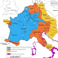 L'Empire carolingien : le royaume de Pépin III (en bleu) et les conquêtes de Charlemagne (en orange).