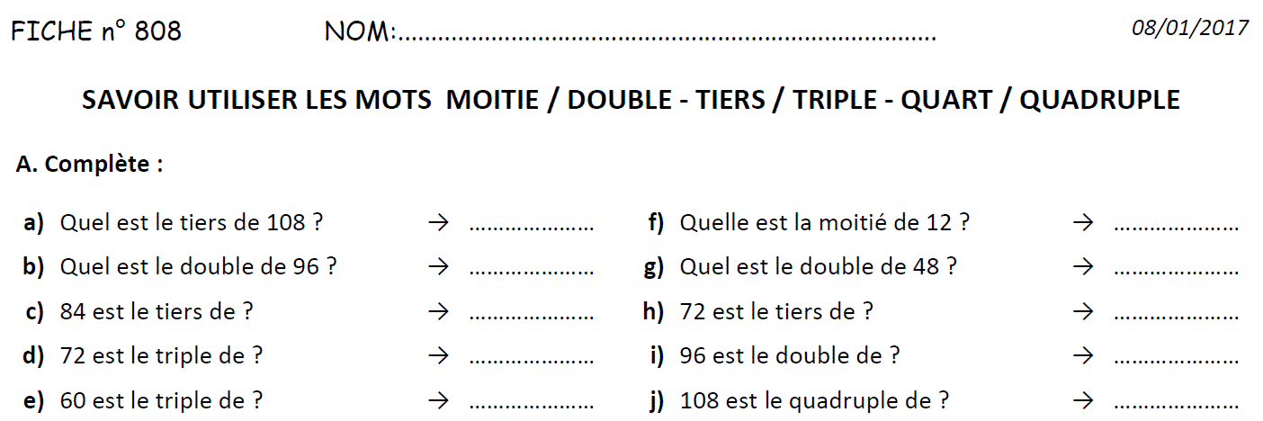 Exemple d’exercice de numération sur les doubles et moitiés